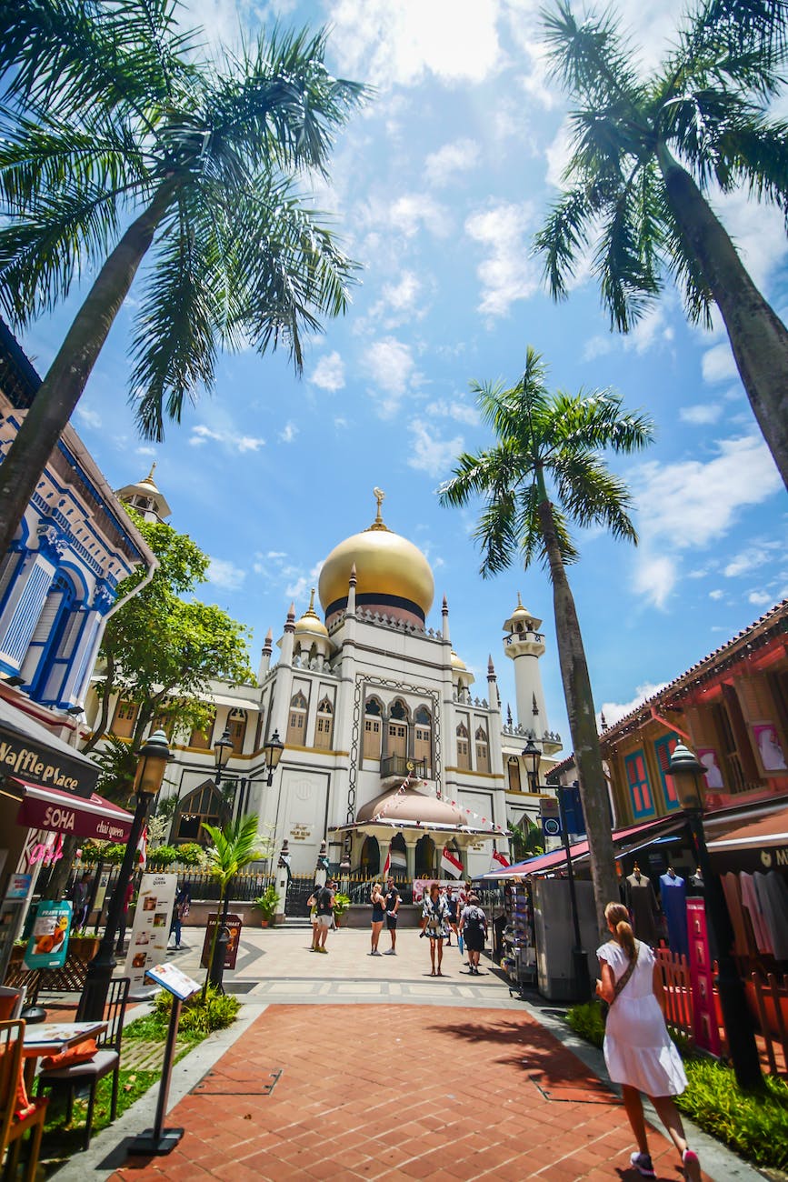 people walking on street near white and sultan mosque